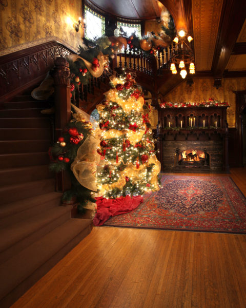 staircase Christmas tree fireplace