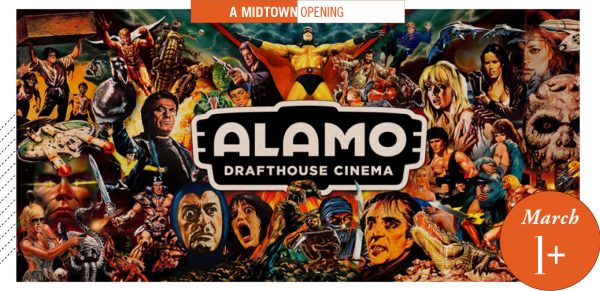 Alamo Drafthouse logo, movie image collage