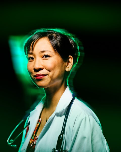 Head shot Dr. Lydia Kang in lab coat with stethoscope 
