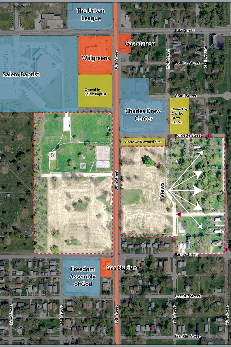 The red, dotted line indicates the 23 vacant acres where Pleasantview used to stand and where Seventy-Five North Revitalization Corp. plans to break ground with new apartments by early 2015.