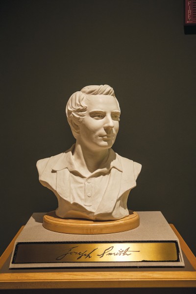 A bust of the founder of the Church of Latter-Day Saints,  Prophet Joseph Smith, is displayed with honor.